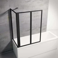 Schulte Pare baignoire à coller 2 volets + paroi de retour fixe, 89 x 70 x 120 cm, verre transparent, profilé noir,* Pare-Baignoire