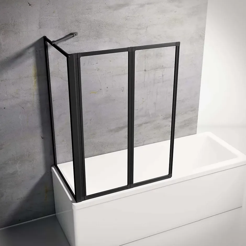 Schulte Pare baignoire à coller 2 volets + paroi de retour fixe, 89 x 70 x 120 cm, verre transparent, profilé noir,* Pare-Baignoire