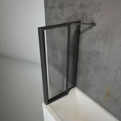 Schulte Pare baignoire à coller 2 volets + paroi de retour fixe, 89 x 70 x 120 cm, verre transparent, profilé noir,* Pare-Baignoire