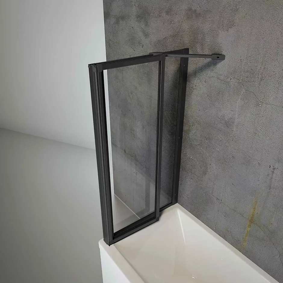 Schulte Pare baignoire à coller 2 volets + paroi de retour fixe, 89 x 70 x 120 cm, verre transparent, profilé noir,* Pare-Baignoire