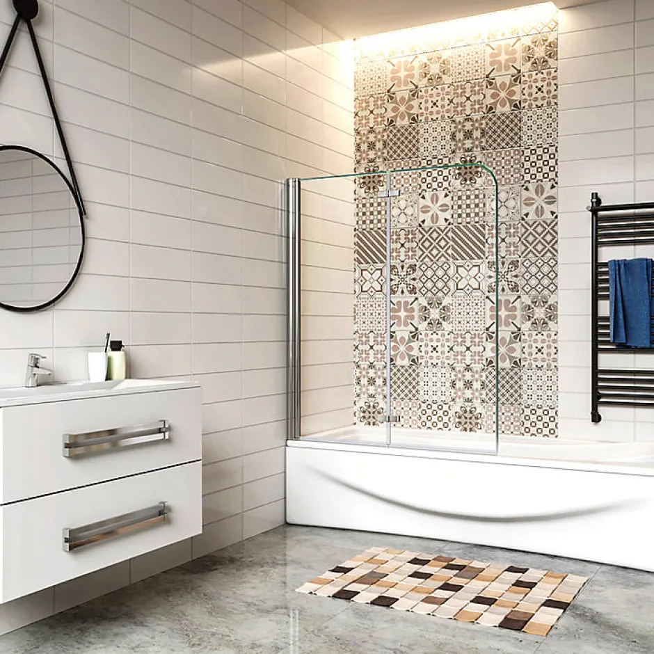 AICA Sanitaire Pare baignoire 2 volet pliante et pivotant chrome - L.110 x H.140 cm en 6mm verre anticalcaire* Pare-Baignoire