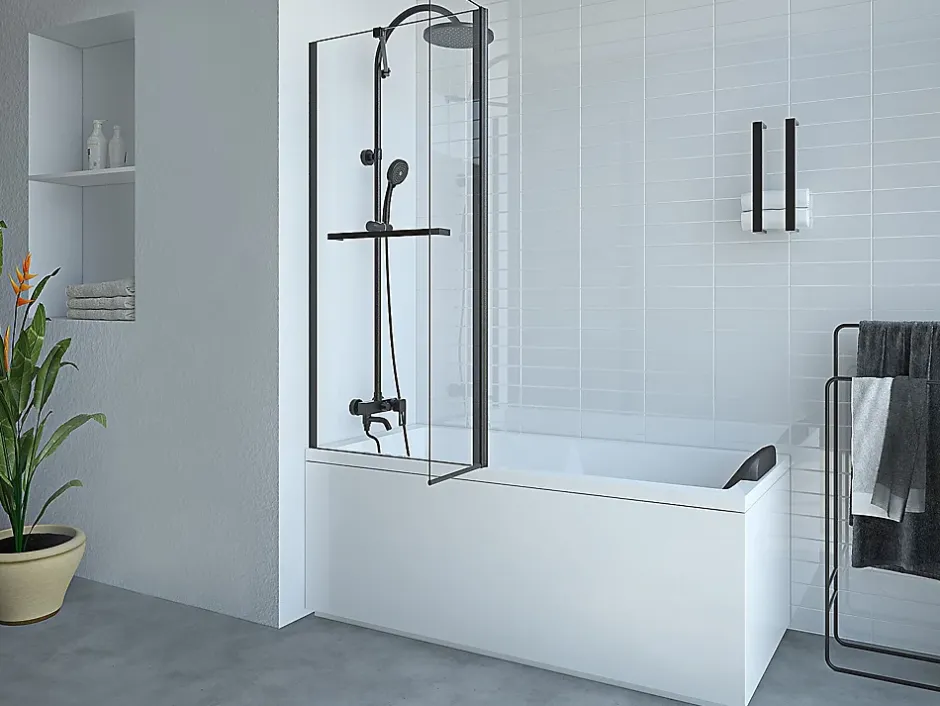 Vente-unique Pare baignoire avec porte-serviette et retour pivotant noir mat - (70 + 30) x 140 cm - PRIMAEL* Pare-Baignoire