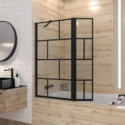 Aurlane Pare baignoire avec volet pivotant - profile noir mat - 130x104 (HxL) - verre 5mm sérigraphié