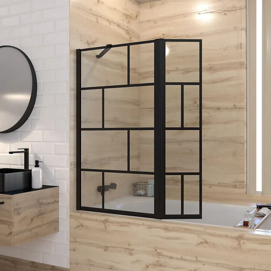 Aurlane Pare baignoire avec volet pivotant - profile noir mat - 130x104 (HxL) - verre 5mm sérigraphié