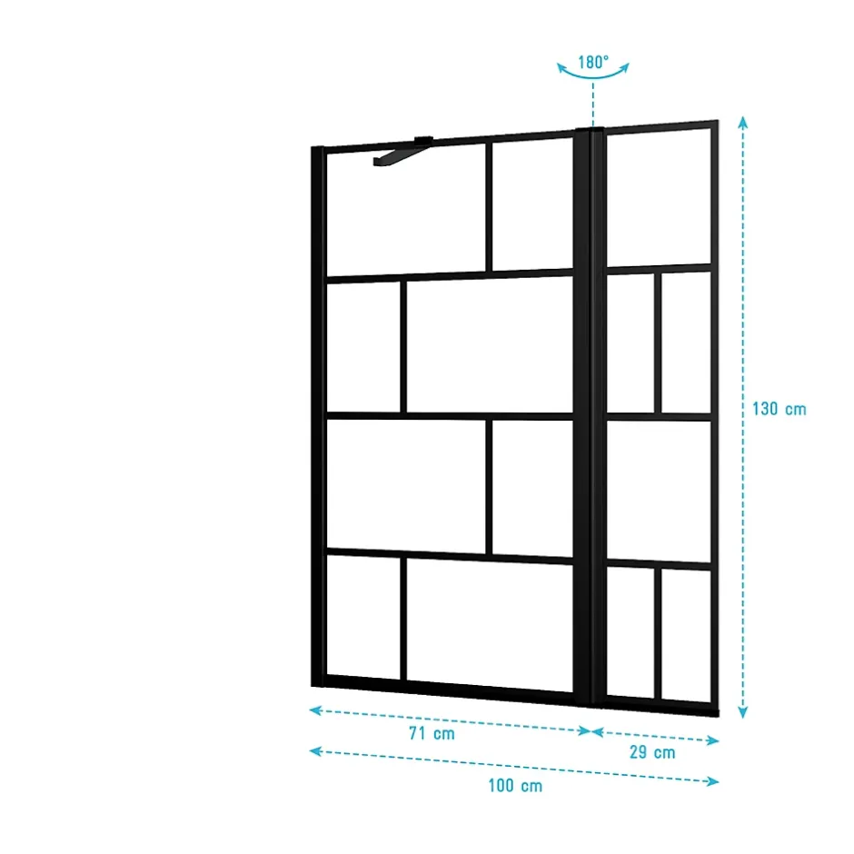 Aurlane Pare baignoire avec volet pivotant - profile noir mat - 130x104 (HxL) - verre 5mm sérigraphié