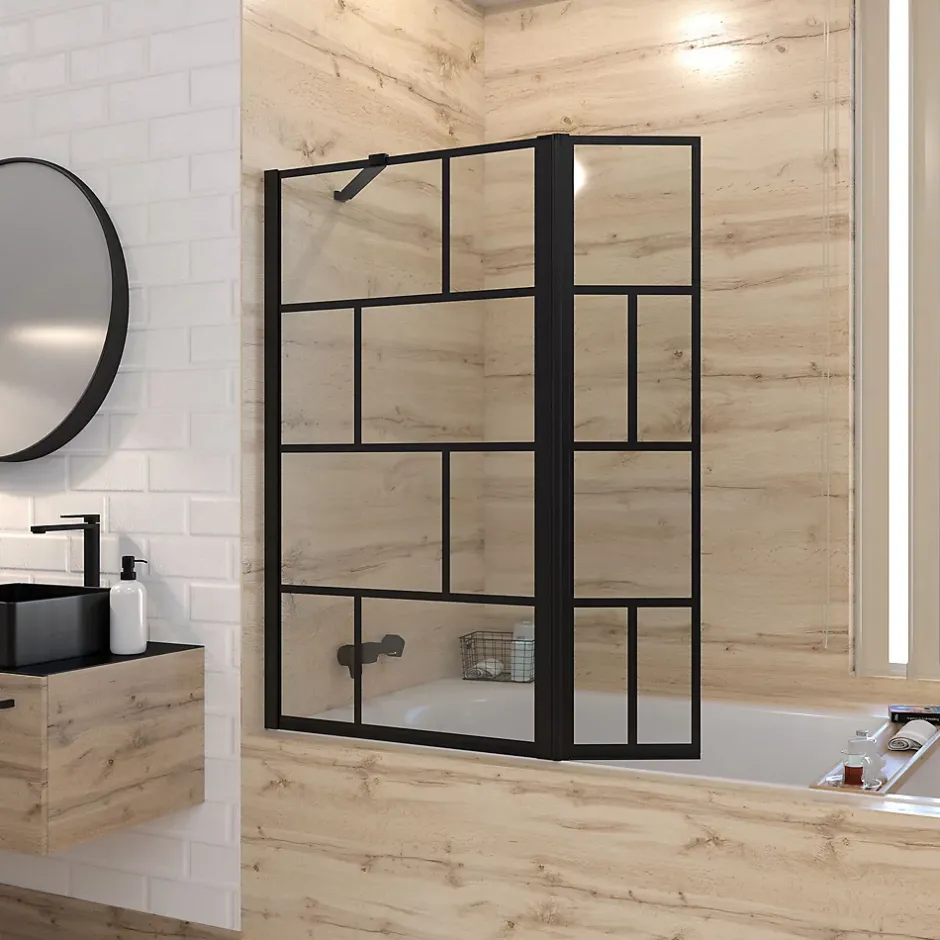 Aurlane Pare baignoire avec volet pivotant - profile noir mat - 130x104 (HxL) - verre 5mm sérigraphié