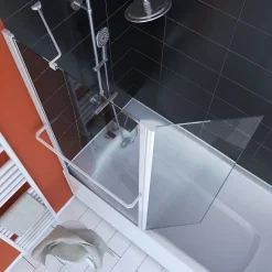 Aurlane PARE BAIGNOIRE AVEC VOLET PIVOTANT 130x105cm PROFILE ALUMINIUM LAQUE BLANC ET VERRE TRANSPARENT