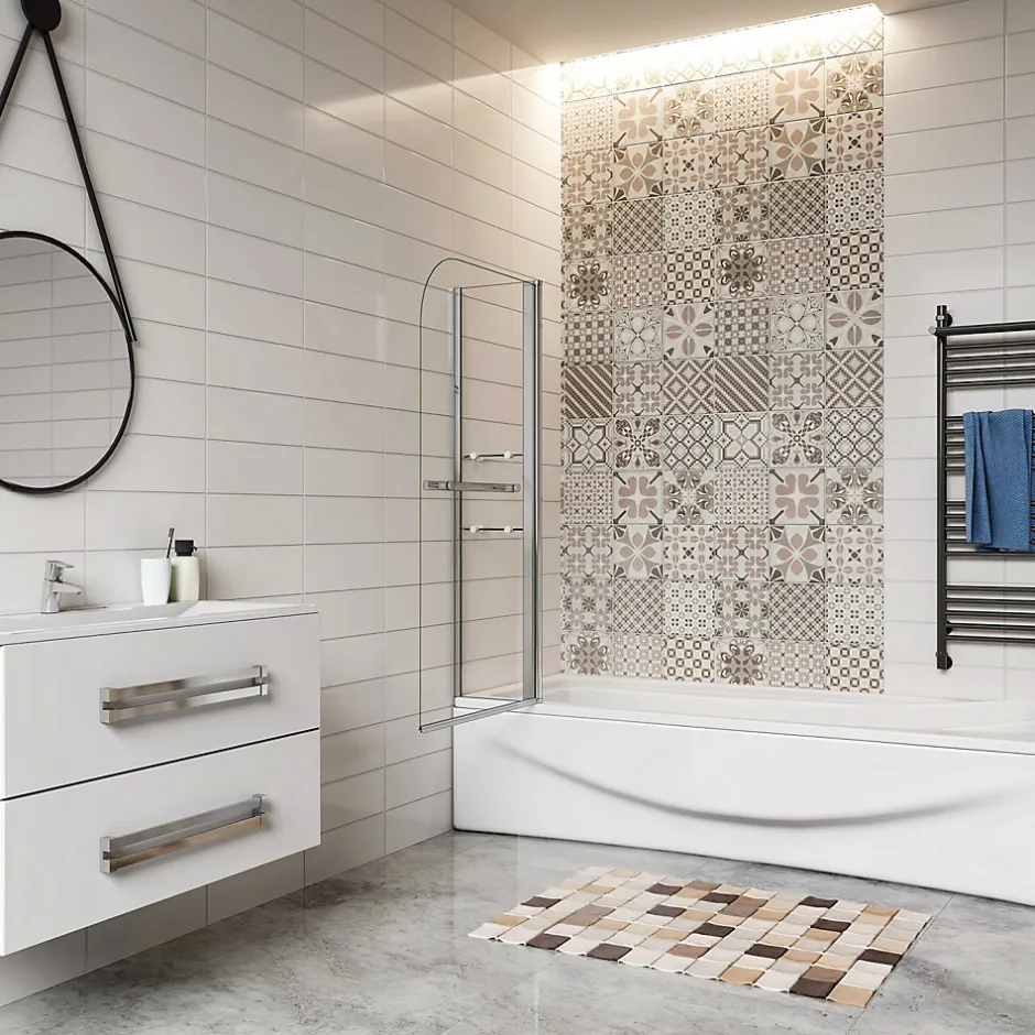 AICA Sanitaire Pare baignoire chromé pivotante L.120 x 140 cm avec 2 étagères - 6mm verre sécurité - solution pratique, élégante* Pare-Baignoire
