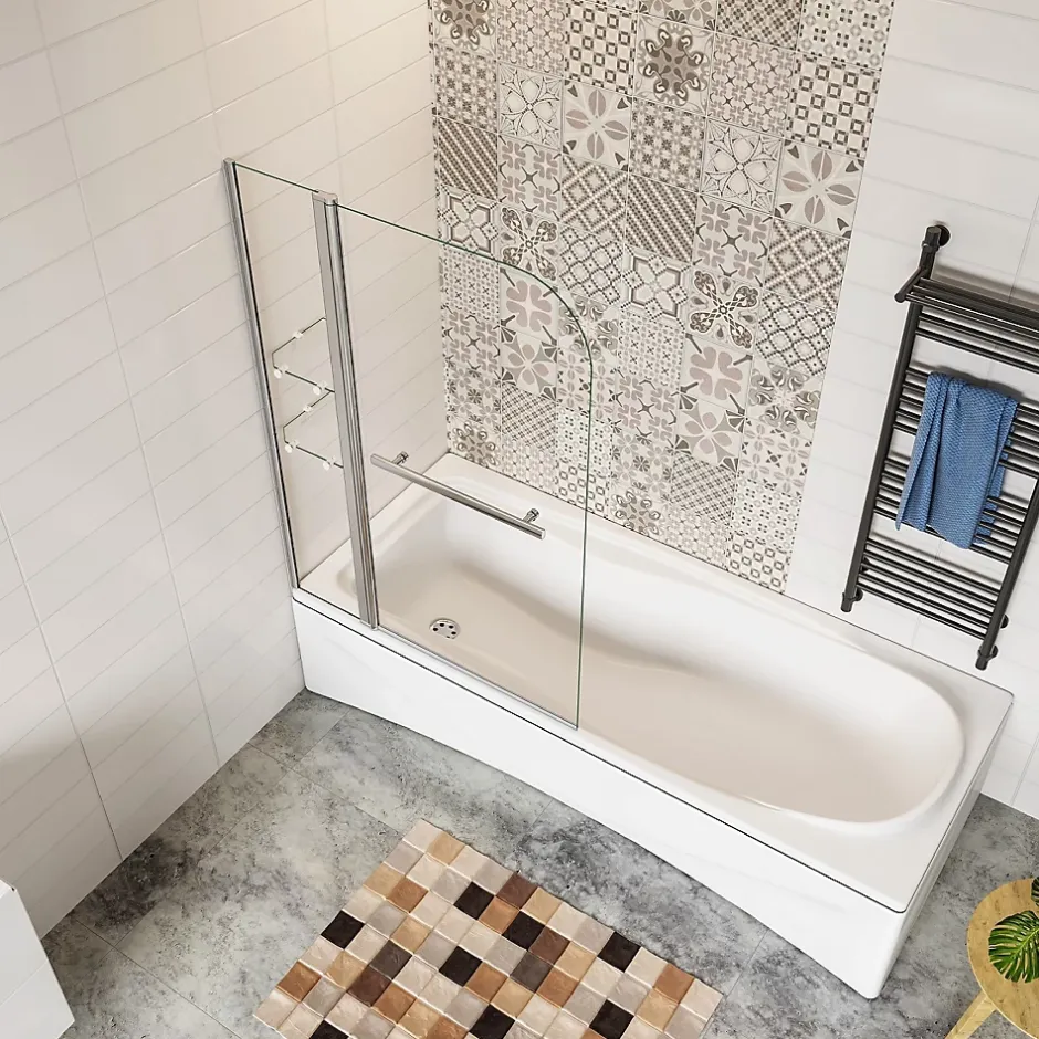AICA Sanitaire Pare baignoire chromé pivotante L.120 x 140 cm avec 2 étagères - 6mm verre sécurité - solution pratique, élégante* Pare-Baignoire