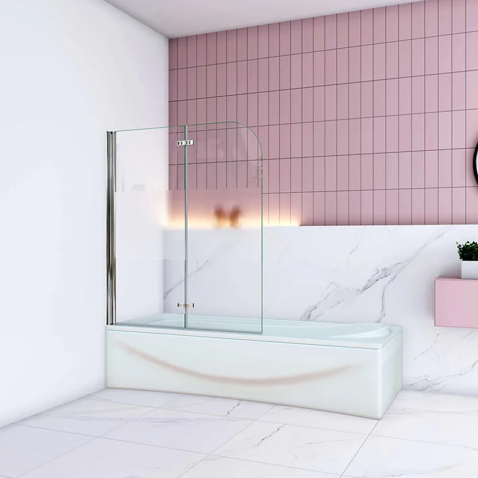 AICA Sanitaire Pare baignoire Chrome au angle arrondis pivotant 180 degrés L100xH140cm, 6mm verre anticalcaire avec bande central dépoli* Pare-Baignoire