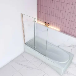 AICA Sanitaire Pare baignoire Chrome au angle arrondis pivotant 180 degrés L100xH140cm, 6mm verre anticalcaire avec bande central dépoli* Pare-Baignoire