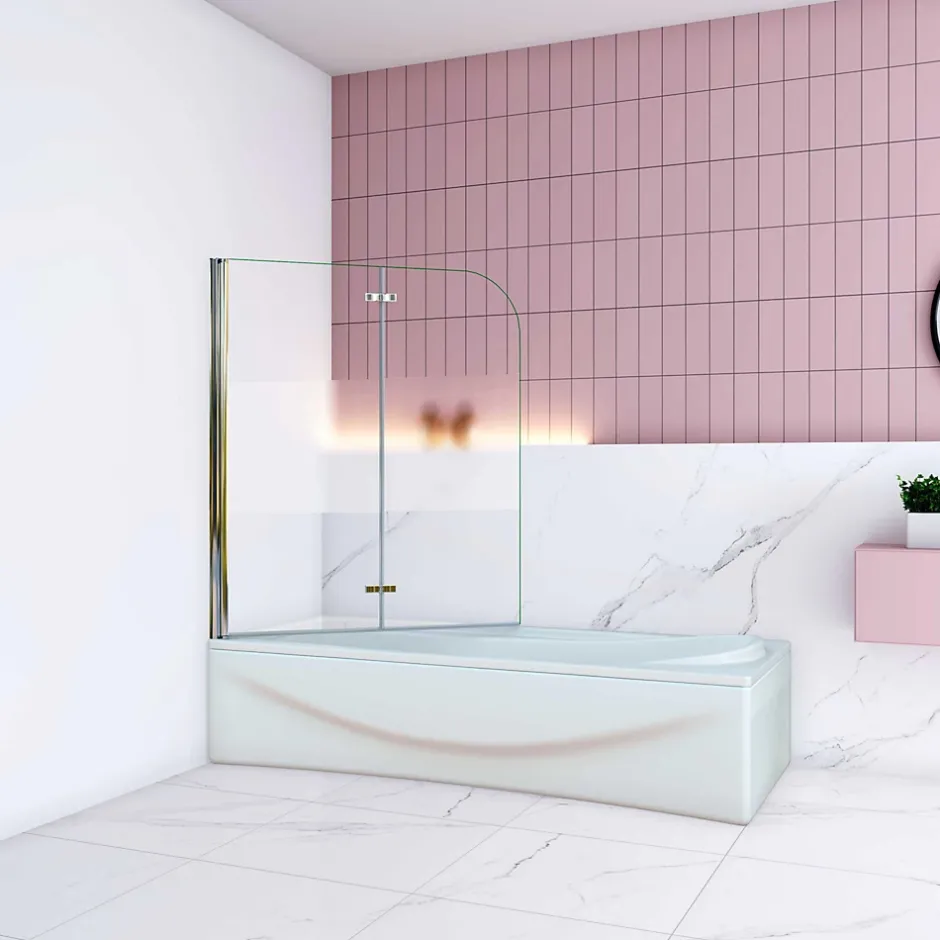 AICA Sanitaire Pare baignoire Chrome au angle arrondis pivotant 180 degrés L100xH140cm, 6mm verre anticalcaire avec bande central dépoli* Pare-Baignoire