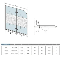 AICA Sanitaire Pare baignoire Chrome au angle arrondis pivotant 180 degrés L100xH140cm, 6mm verre anticalcaire avec bande central dépoli* Pare-Baignoire