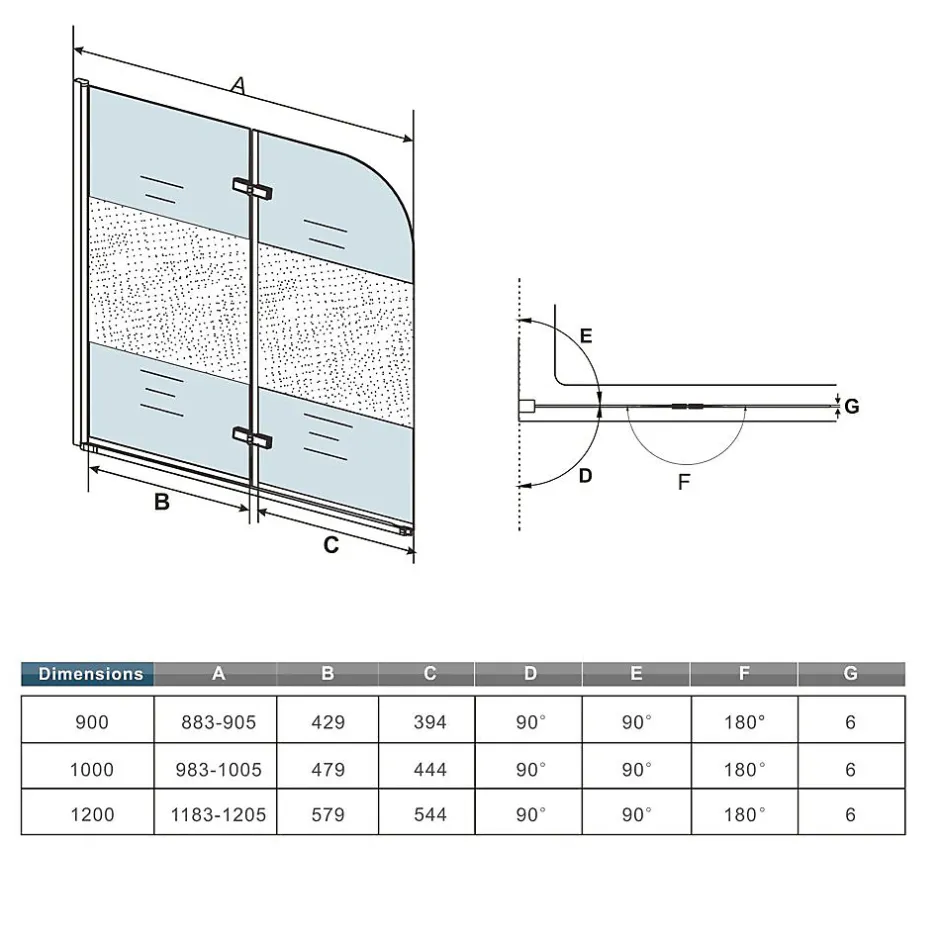 AICA Sanitaire Pare baignoire Chrome au angle arrondis pivotant 180 degrés L100xH140cm, 6mm verre anticalcaire avec bande central dépoli* Pare-Baignoire