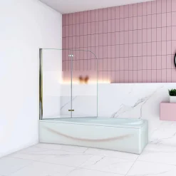 AICA Sanitaire Pare baignoire Chrome au angle arrondis pivotant 180 degrés L90xH140cm,6mm verre anticalcaire avec bande central dépoli* Pare-Baignoire