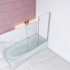 AICA Sanitaire Pare baignoire Chrome au angle arrondis pivotant 180 degrés,L120xH140cm, 6mm verre anticalcaire avec porte serviette* Pare-Baignoire