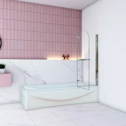 AICA Sanitaire Pare baignoire Chrome au angle arrondis pivotant 180 degrés,L120xH140cm, 6mm verre anticalcaire avec porte serviette* Pare-Baignoire