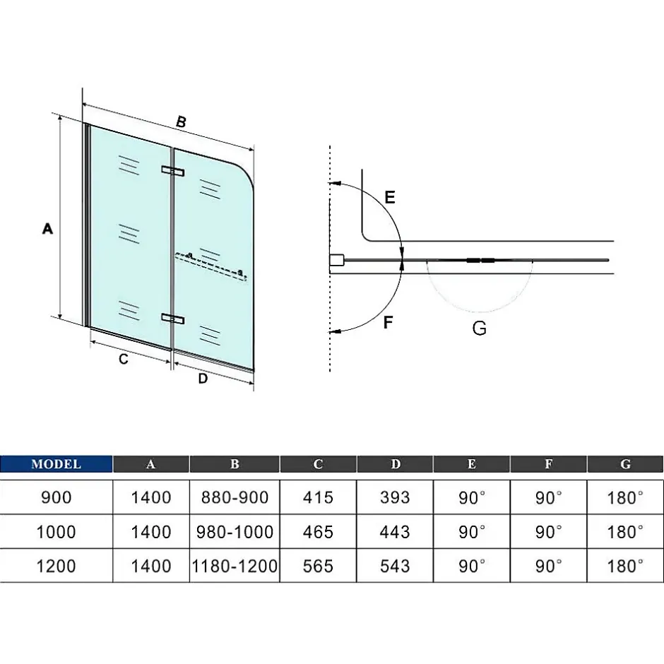 AICA Sanitaire Pare baignoire Chrome au angle arrondis pivotant 180 degrés,L120xH140cm, 6mm verre anticalcaire avec porte serviette* Pare-Baignoire