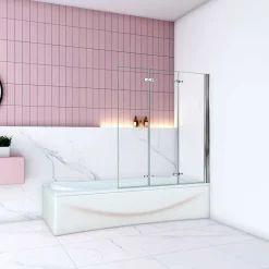 AICA Sanitaire Pare baignoire Chrome pivotant 180degrés à 3 volets L130xH140cm, 6mm verre anticalcaire et pose réversible ,style industriel* Pare-Baignoire