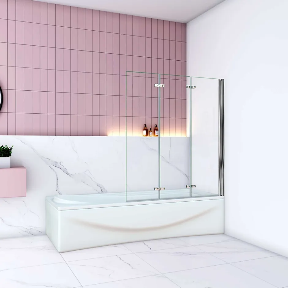 AICA Sanitaire Pare baignoire Chrome pivotant 180degrés à 3 volets L130xH140cm, 6mm verre anticalcaire et pose réversible ,style industriel* Pare-Baignoire