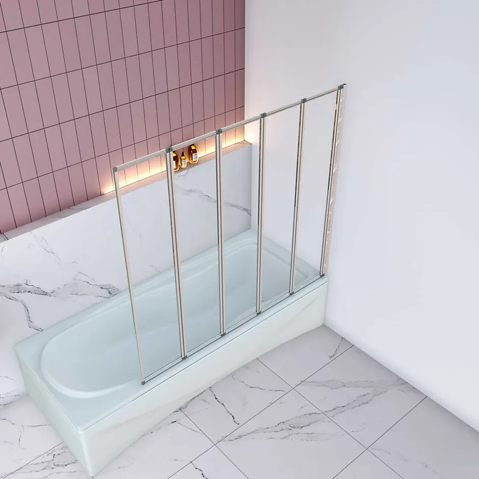 AICA Sanitaire Pare baignoire Chrome pliante,L120xH140cm avec pliante 5 volets pliants 180 degrés,Installation réversible,4mm verre trempé* Pare-Baignoire