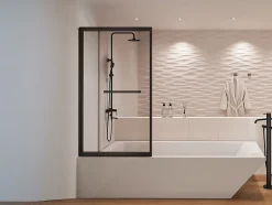 Vente-unique Pare baignoire coulissant noir mat avec porte serviette - 100x140 cm - WAIMEA* Pare-Baignoire