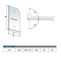 AICA Sanitaire Pare baignoire L.70 x H.130cm pivotant à 180 avec 2 étagères et porte-serviette - 5mm verre sécurit - Installation réversible