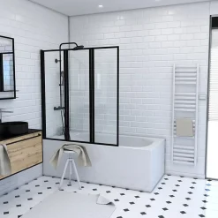 Aurlane Pare baignoire Pivotant 3 Volets Noir Mat - 125x143 cm - Verre Trempé 4 mm - ZAGGY DARK