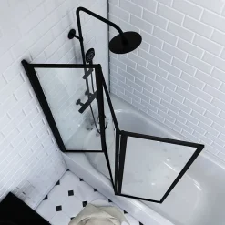 Aurlane Pare baignoire Pivotant 3 Volets Noir Mat - 125x143 cm - Verre Trempé 4 mm - ZAGGY DARK