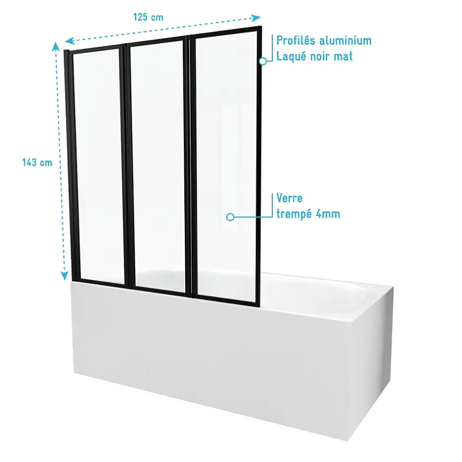 Aurlane Pare baignoire Pivotant 3 Volets Noir Mat - 125x143 cm - Verre Trempé 4 mm - ZAGGY DARK