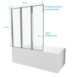 Aurlane Pare baignoire Pivotant 3 Volets Chrome - 125x143 cm - Verre Trempé 4 mm - ZAGGY CHROME* Pare-Baignoire
