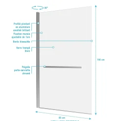 Aurlane Pare baignoire Pivotant avec Porte-Serviette 85x150cm - Profilé Chrome - Verre 6mm - TSHAPE CHROMED