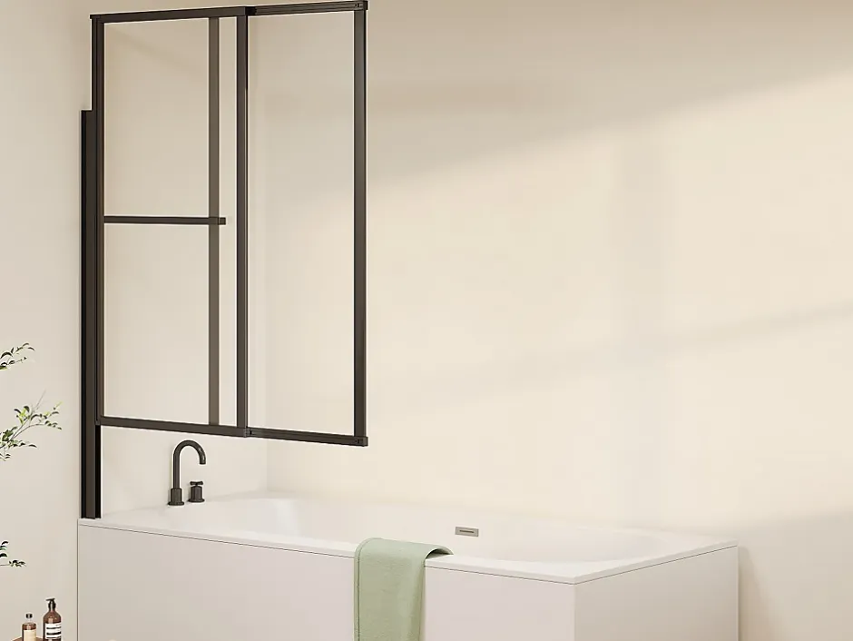 Vente-unique Pare baignoire pivotant et relevable avec porte serviette - Noir mat - 120 x 140 cm - VESLIRA