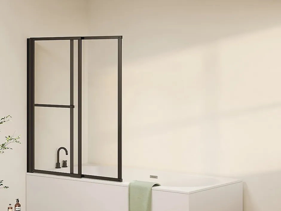 Vente-unique Pare baignoire pivotant et relevable avec porte serviette - Noir mat - 120 x 140 cm - VESLIRA