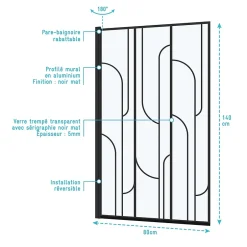 Galedo Pare baignoire pivotant l.80 x H.140 cm profilés noirs, Art Déco* Pare-Baignoire