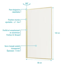 Galedo Pare baignoire pivotant l.80 x H.140 cm verre ondulé et profilés doré brossé, Edge
