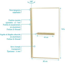 Galedo Pare baignoire pivotant l.80 x H.140 cm profilés doré brossé avec porte serviette et étagère, Edge