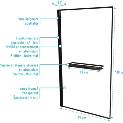 Galedo Pare baignoire pivotant l.75 x H.130 cm profilés noirs avec porte serviette et étagère, Edge* Pare-Baignoire
