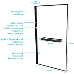 Galedo Pare baignoire pivotant l.80 x H.140 cm profilés noirs avec porte serviette et étagère, Edge* Pare-Baignoire