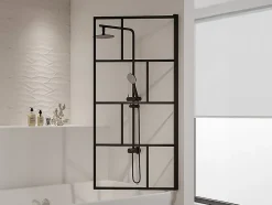 Vente-unique Pare baignoire pivotant style industriel - 70 x 140 cm - Noir mat - Verre - RIVANON