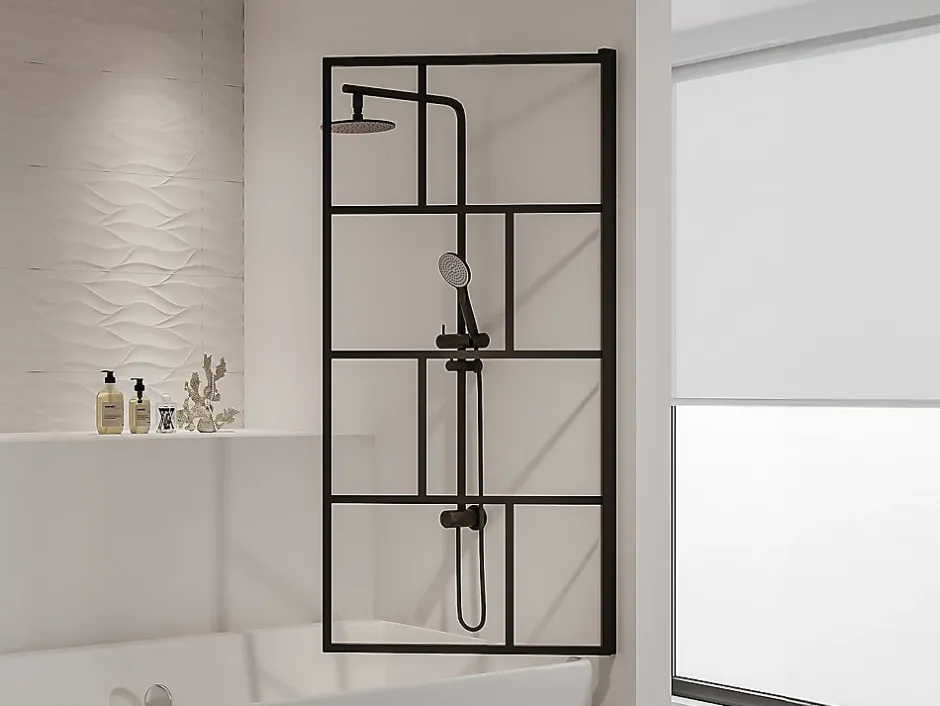 Vente-unique Pare baignoire pivotant style industriel - 70 x 140 cm - Noir mat - Verre - RIVANON