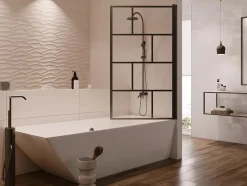 Vente-unique Pare baignoire pivotant style industriel - 80 x 140 cm - Noir mat - Verre - RIVANON* Pare-Baignoire