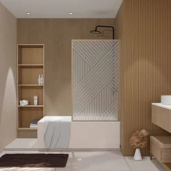Aurlane Pare baignoire pivotant 140x80 cm HINATA - style Japandi géométrique - Cadre effet bois - Verre 5 mm* Pare-Baignoire