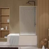 Aurlane Pare baignoire pivotant 140x80 cm HINATA - style Japandi courbes douces Cadre effet bois - Verre 5mm