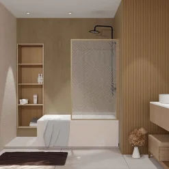 Aurlane Pare baignoire pivotant 140x80 cm HINATA - style Japandi courbes douces Cadre effet bois - Verre 5mm