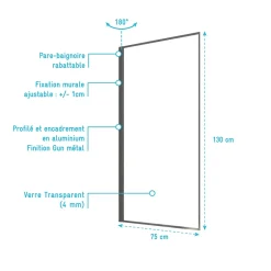 Aurlane Pare Baignoire Rabattable 75x130 cm - Aluminium Gun Metal et Verre Trempé 4 mm* Pare-Baignoire