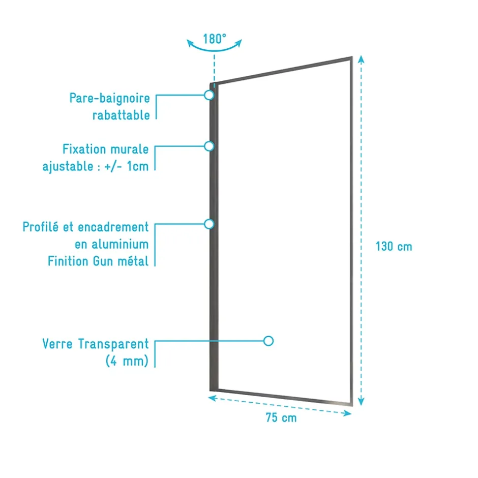 Aurlane Pare Baignoire Rabattable 75x130 cm - Aluminium Gun Metal et Verre Trempé 4 mm* Pare-Baignoire