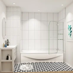 AICA Sanitaire pare baignoire 120x140cm paravent pivotant avec porte-serviette en inox et 2 étagères,5mm verre de sécurit,facile à pose* Pare-Baignoire
