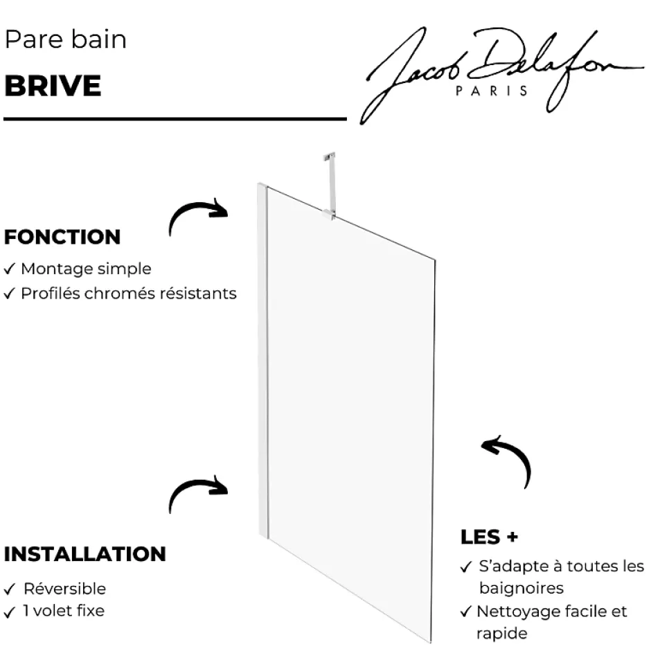 Jacob Delafon Pare bain fixe réversible Brive avec barre de renfort* Pare-Baignoire