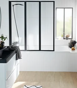 Schulte Pare-baignoire à coller pivotant 3 volets pliables, 127 x 140 cm, style verrière industrielle, verre transparent 3mm, profilé noir mat, Golf* Pare-Baignoire